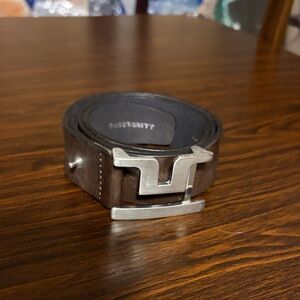 J.Lindeberg Dark Brown Leather Belt with Silver H Buckle